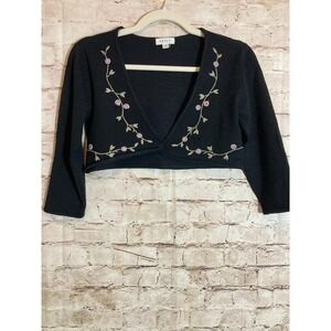 Devan Cropped Sweater Womens Medium Black Floral Embroidered Faux Wrap Cape